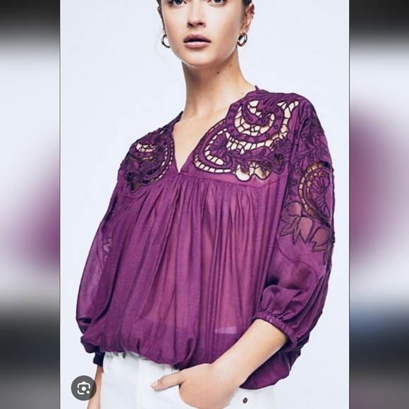 Free People Rare Cut Lace Dolman Sleeve Purple Top Bat Wing Ballon M Summer - Picture 1 of 12